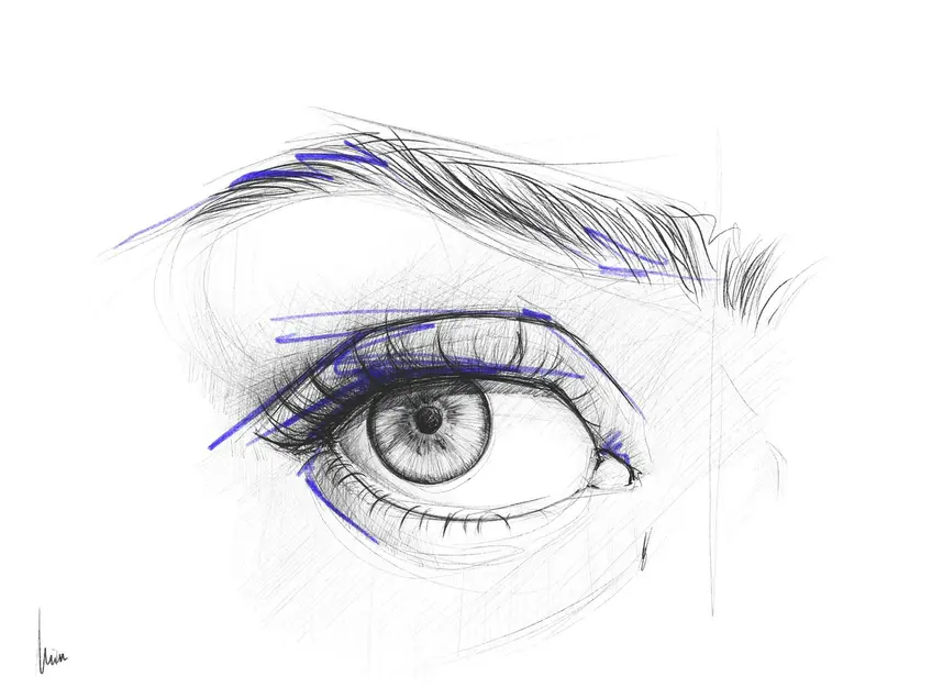 Dibujo a lápiz y bolígrafo azul de un ojo con las pestañas trazadas suelto