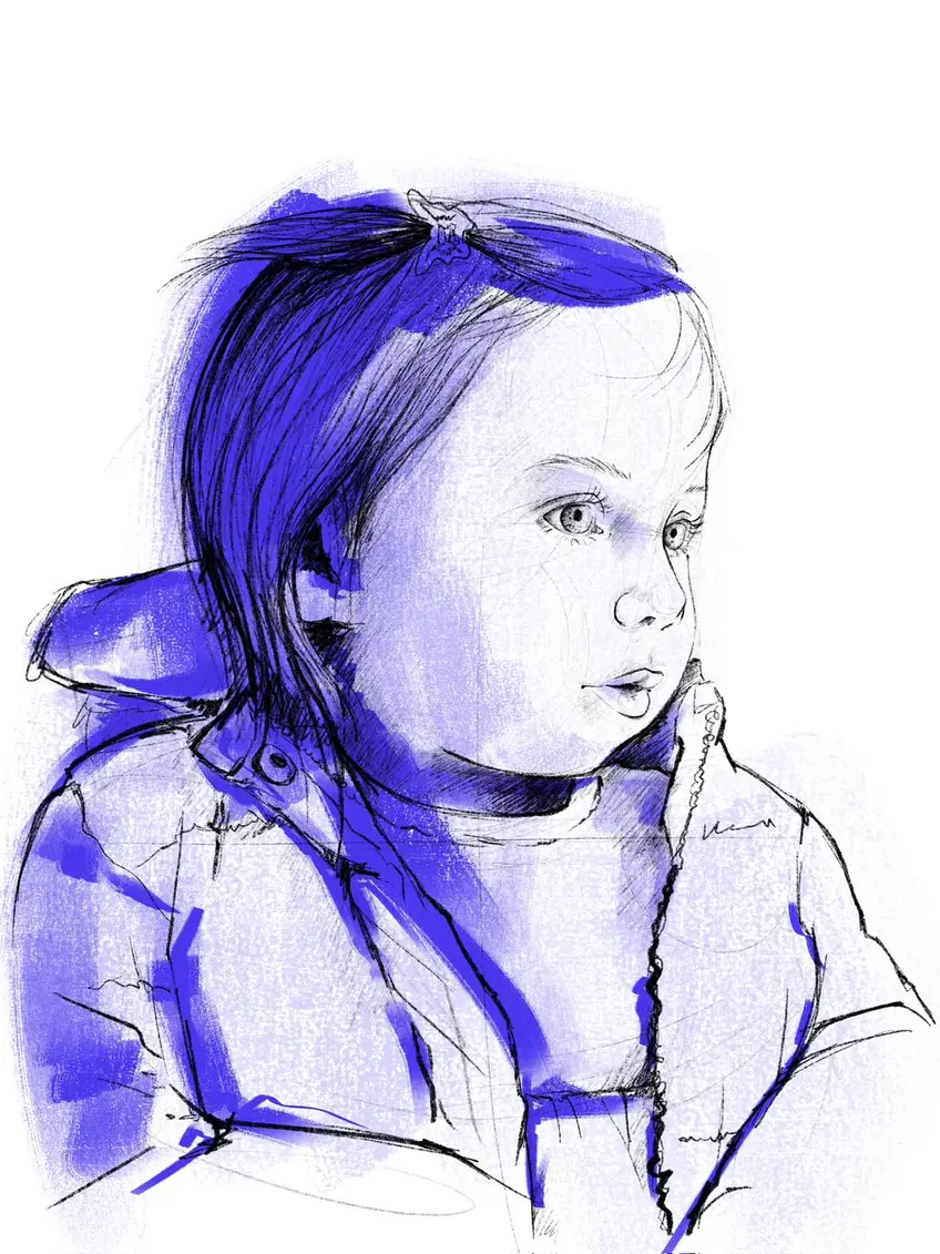 Retrato de una niña a bolígrafo azul sobre papel blanco
