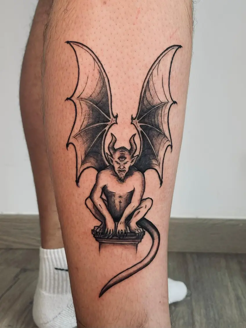 Tatuaje blackwork de murciélago en la pierna
