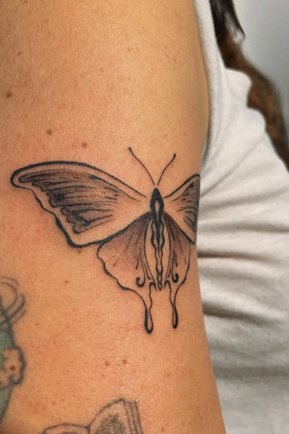 Tatuaje de una mariposa con sombreado suave en el brazo