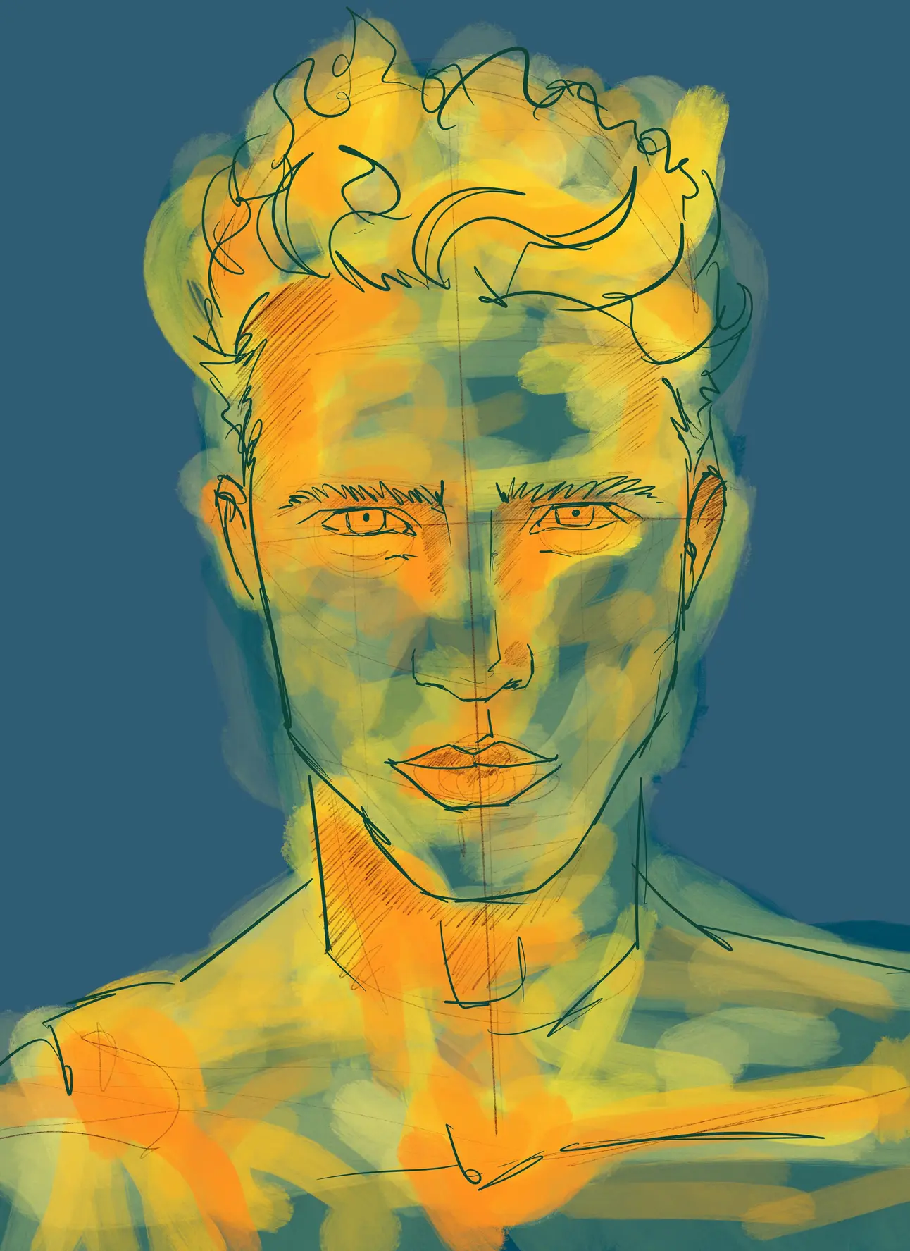 Ilustración digital de un retrato masculino en amarillo y azul
