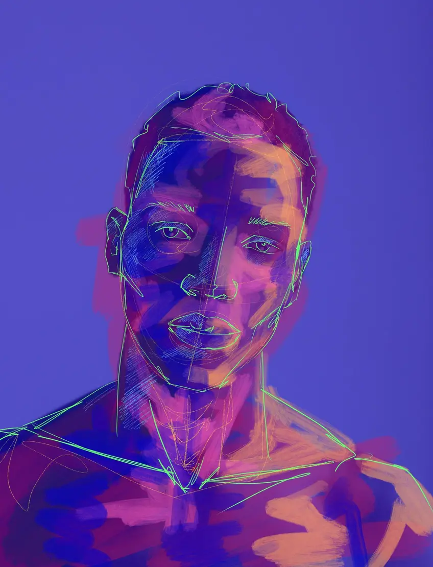 Ilustración digital de un retrato en violeta y magenta
